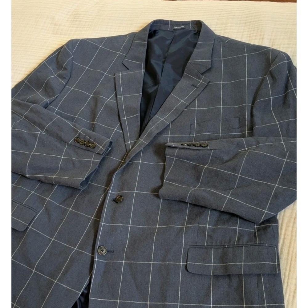 Stafford Linen Blend Signature Blazer Mens 54R Blue Windowpane Check Sports Coat